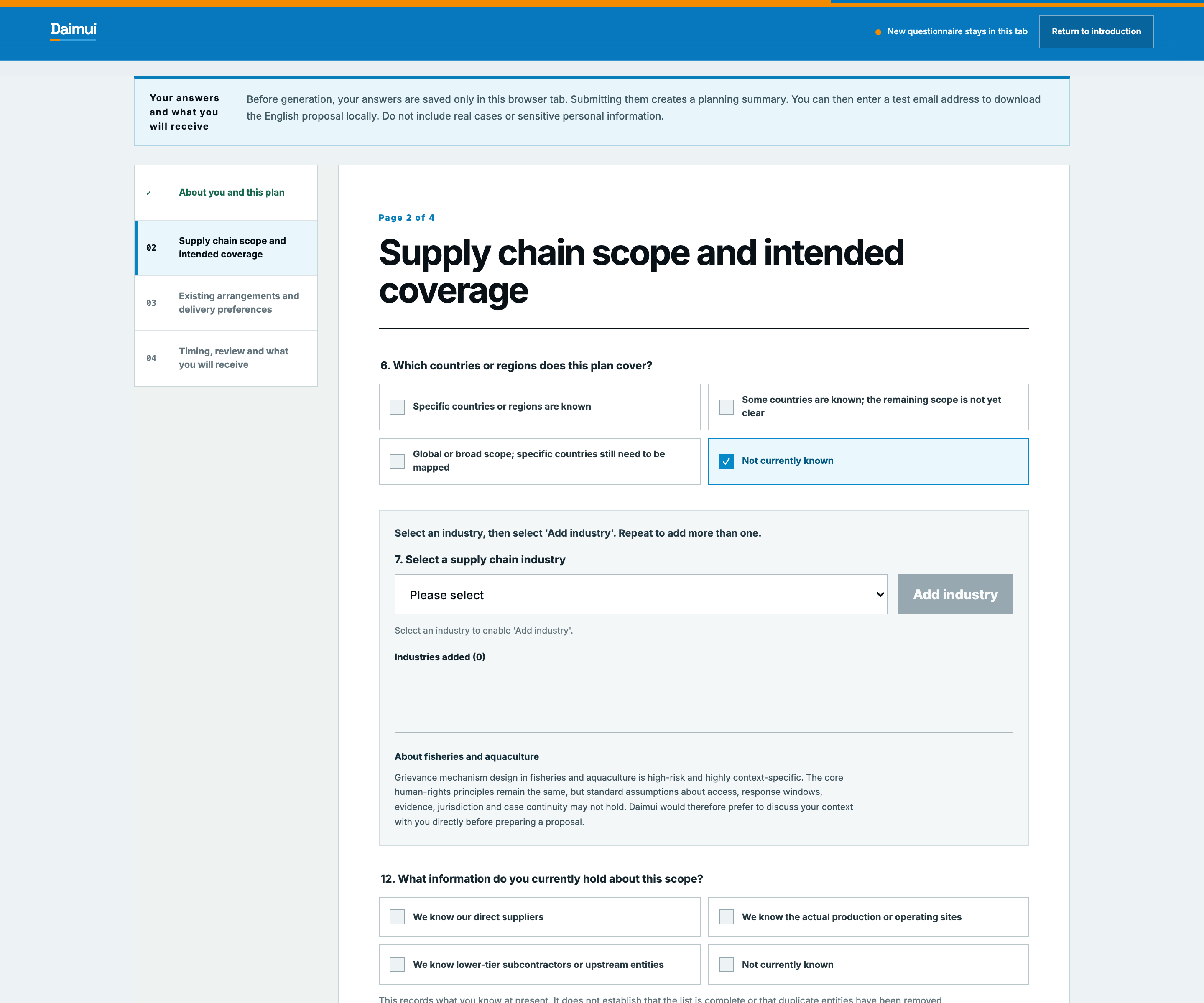 A Daimui planning page showing supply-chain scope choices and an active selection state